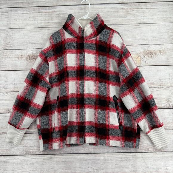 Lucky Brand Wool Blend Plaid Full Zip Jacket Womens XL Red Black White - Picture 1 of 13